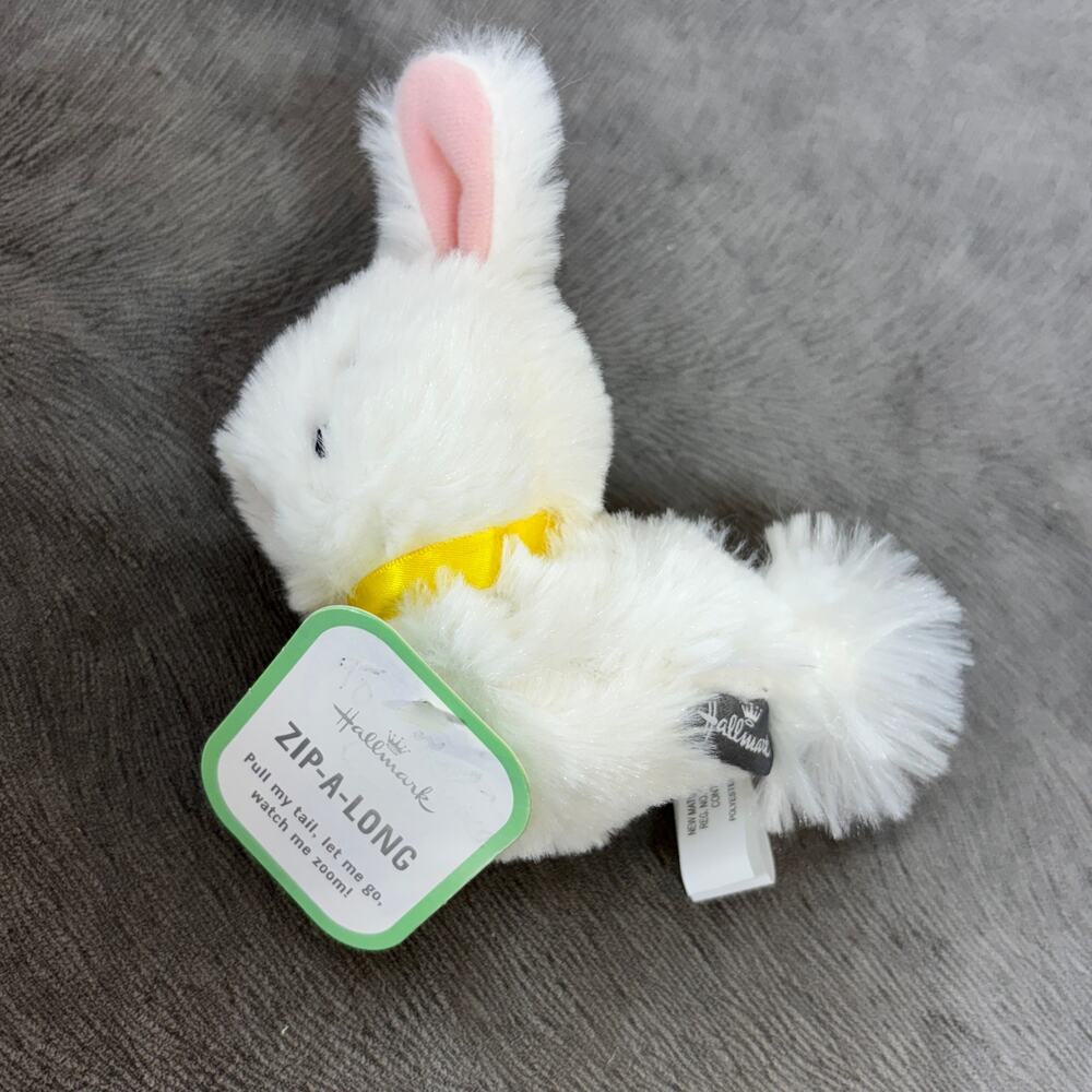 Hallmark Zip-A-Long Bunny Rabbit Plush 4" Mini White Vibrating Pull Toy EUC